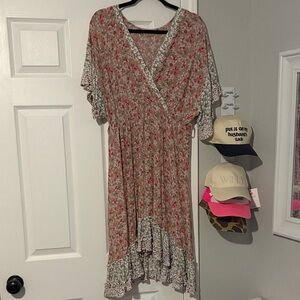 Floral High-Low Wrap Dress in Taupe and Pink
